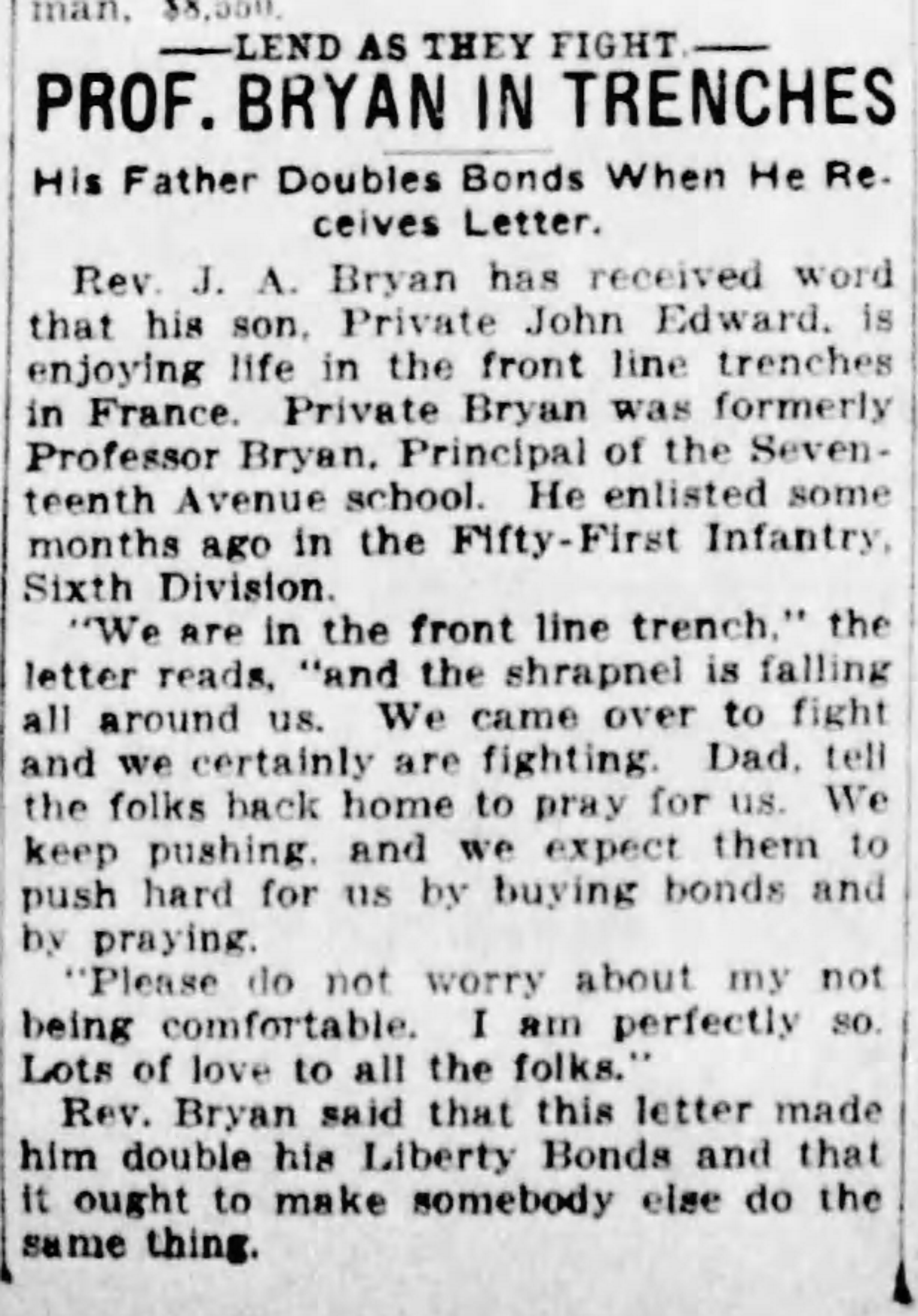 Lend As They Fight: Prof Bryan in Trenches